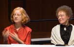 Pam and Amy Beach (impersonated by a chorus member) in a panel discussion before the performance of Weaving the World