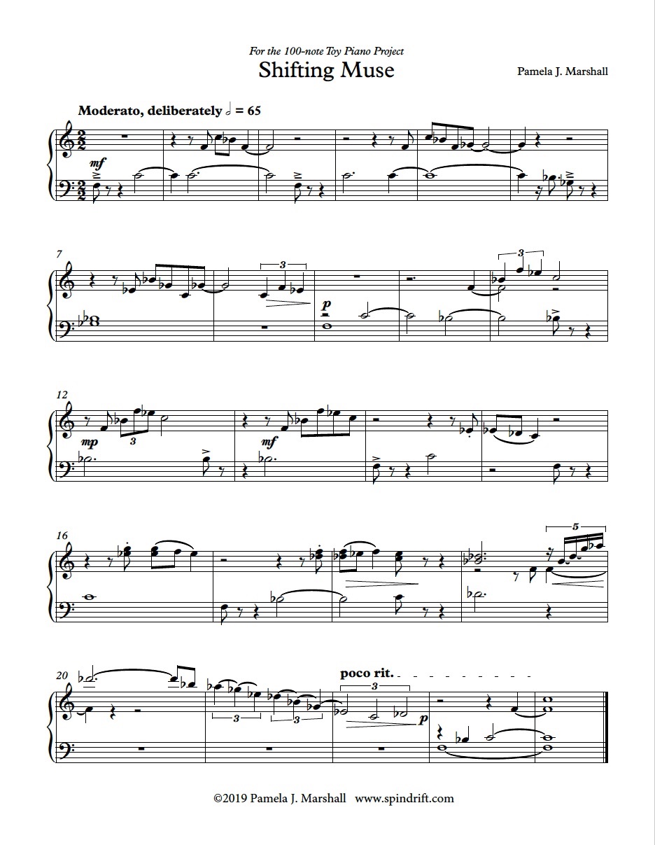 Sheet music for Shifting Muse, a 100-note piece for toy piano