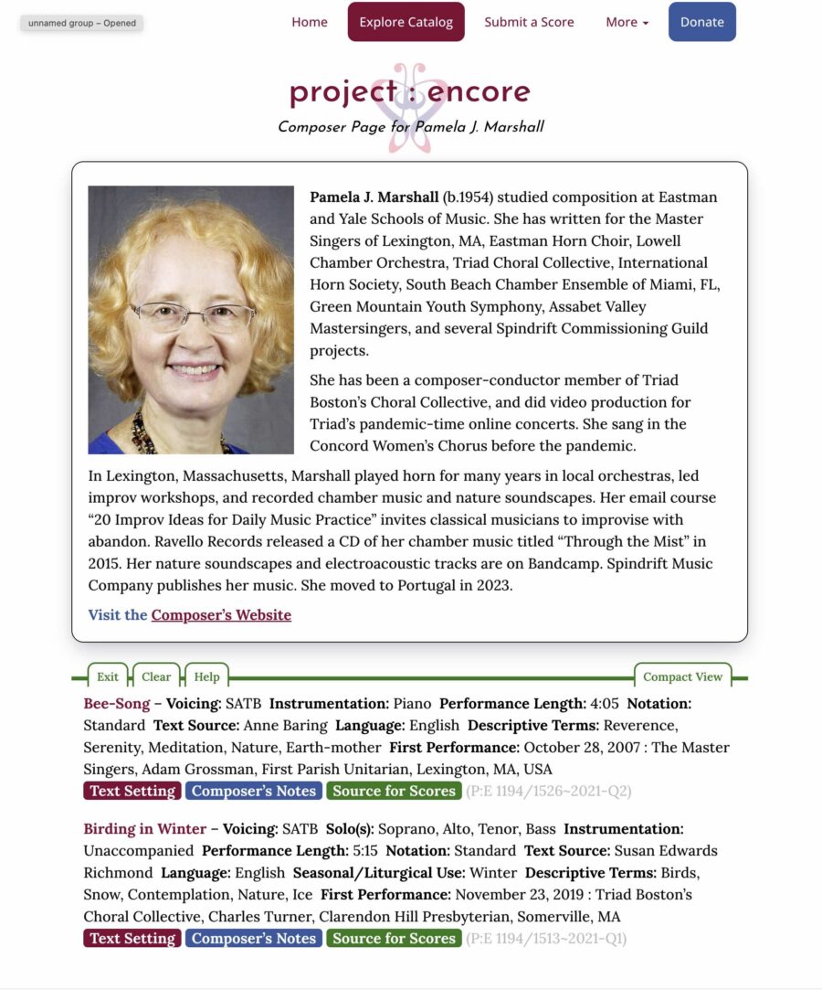 Pam's composer page at Project:Encore
