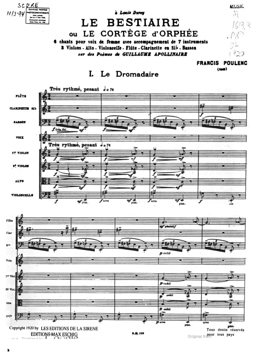 Le Bestiaire by Francis Poulenc for voice and 7 instruments, pg.1